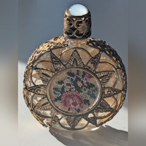 Vintage Austrian Brass Filigree Perfume Bottle with Glass Dauber Needle Point